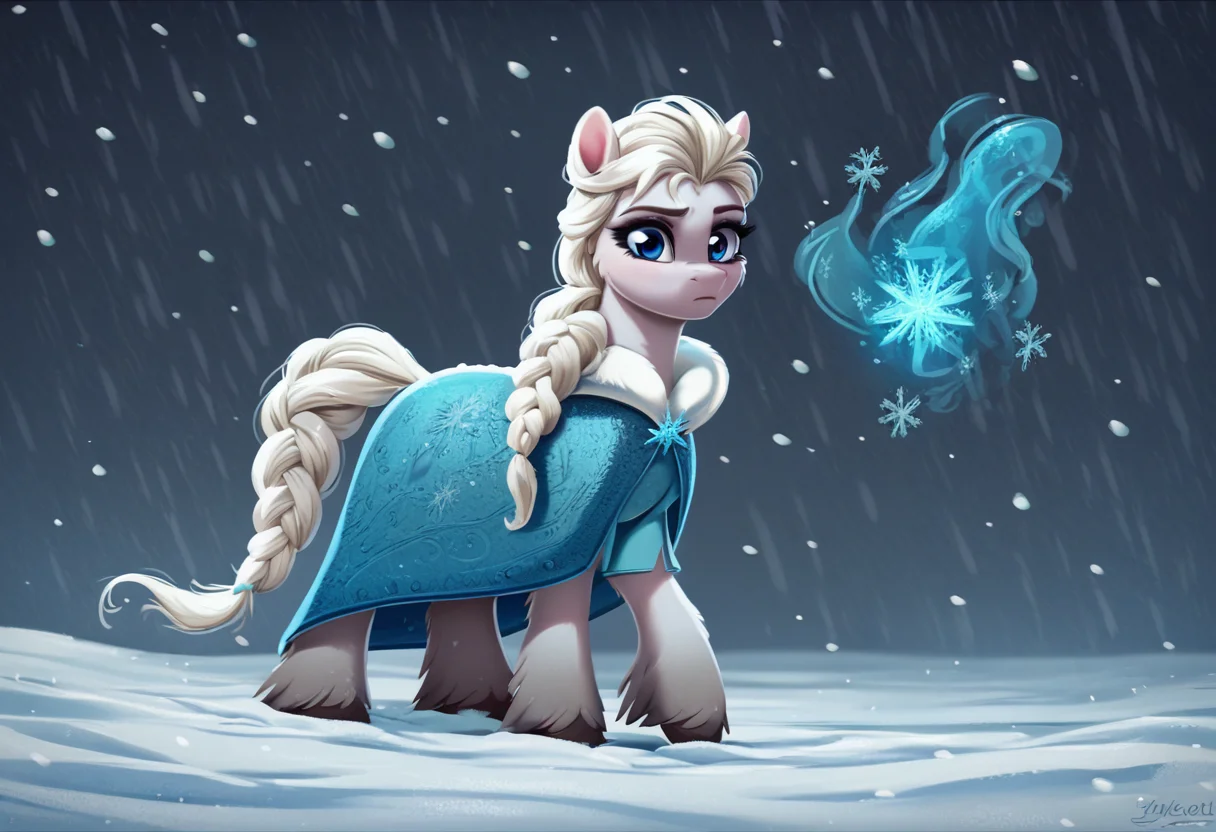 score_9, score_8_up, score_7_up, score_6_up, score_5_up, score_4_up, yakutian horse, mare, female, solo, unshorn fetlocks, cheek fluff, clothes, magic, ponified, snow, elsa, let it go, frozen \(movie\), snowfall, detailed, beautiful, <lora:Snow_Ponies-000008:1>