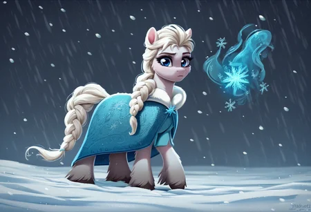 score_9, score_8_up, score_7_up, score_6_up, score_5_up, score_4_up, yakutian horse, mare, female, solo, unshorn fetlocks, cheek fluff, clothes, magic, ponified, snow, elsa, let it go, frozen \(movie\), snowfall, detailed, beautiful, <lora:Snow_Ponies-000008:1>