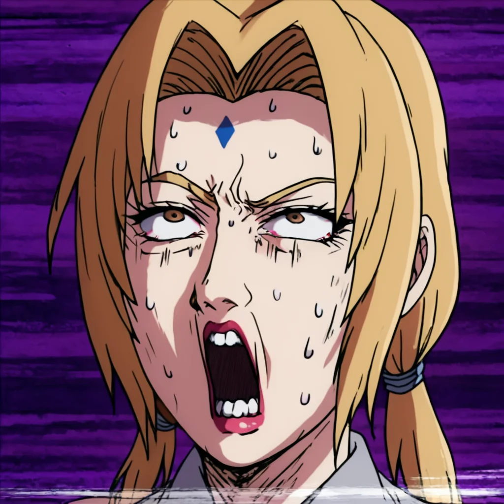 score_9, score_8_up, score_7_up, score_6_up, score_5_up, score_4_up, <lora:tsunade-s2-ponyxl-lora-nochekaiser:0.8> , tsunade, blonde hair, yellow hair, facial mark, forehead mark, long hair, makeup, mature female, brown eyes, parted bangs, twintails, low twintails, large breasts, 1girl, alone, masterpiece, highres, highly detailed face, <lora:Mob_Psycho_funny_face-000008:1>, mob_psycho_funny_face, female focus, open mouth, teeth, snot, exaggerated expression, impact lines, sweat, eyes vein lines, Distorted purple background