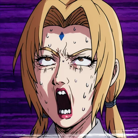 score_9, score_8_up, score_7_up, score_6_up, score_5_up, score_4_up, <lora:tsunade-s2-ponyxl-lora-nochekaiser:0.8> , tsunade, blonde hair, yellow hair, facial mark, forehead mark, long hair, makeup, mature female, brown eyes, parted bangs, twintails, low twintails, large breasts, 1girl, alone, masterpiece, highres, highly detailed face, <lora:Mob_Psycho_funny_face-000008:1>, mob_psycho_funny_face, female focus, open mouth, teeth, snot, exaggerated expression, impact lines, sweat, eyes vein lines, Distorted purple background