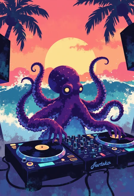 i11ustmin illustration from a low angle of a funky octopus spinning records on a DJ set at a lively beach party. Its tentacles multitask, controlling turntables, lights, and speakers, while colorful waves and glowing party lights reflect the high-energy vibe. The sunset sky and crashing ocean waves in the background are rendered in a bright, watercolory style that adds vibrancy to the scene.