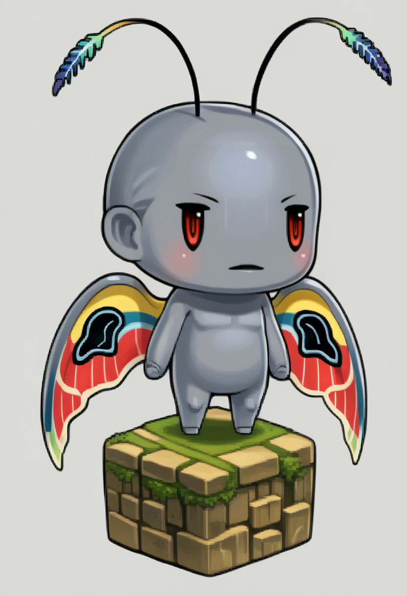 score_9, score_8_up, score_7_up, source_anime, solo, no humans
<lora:zs_PictlogicaStyleXL:1> ffpictlogicastyle, chibi, full body, faux figurine, white background
<lora:Mothman-pdxl_Fp:1> mothman, pokemon \(creature\), red eyes, , antennae, grey skin, wings