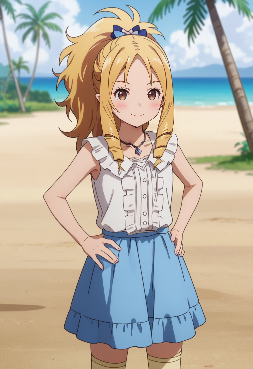 score_7_up, anime screencap,
<lora:EromangaSensei_YamadaElfXL:0.9>,
1girl, solo, closed mouth, light smile, light blush,
drill hair, blonde hair, parted bangs, ponytail, brown eyes, pointy ears, hair bow,
ElfCasual, sleeveless shirt, frilled shirt, necklace, white shirt, blue skirt, yellow thighhighs,
standing, looking at viewer, hands on own hips,
blurry background, outdoors, sky, palm tree, sand