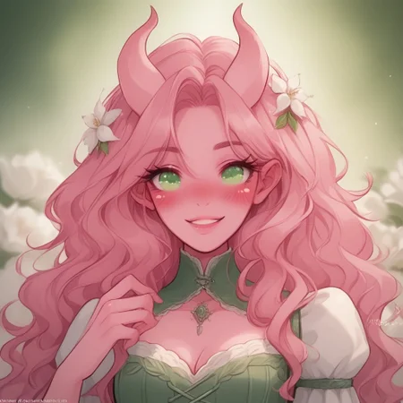 Score_9, Score_8_up, Score_7_up, (masterpiece), best quality, perfect face, perfect anatomy, Tiefling, pointed ears, horns, colored sclera, tail, pink skin, anime girl, green eyes, slim, pink hair, wavy hair, long hair length, white flowy dress, green corset that highlights her waist, white flowers in hair, romantic aura, cleavage, romantic perspective, smiling, nervous, blushing, beautiful perspective. blurred background, nature background