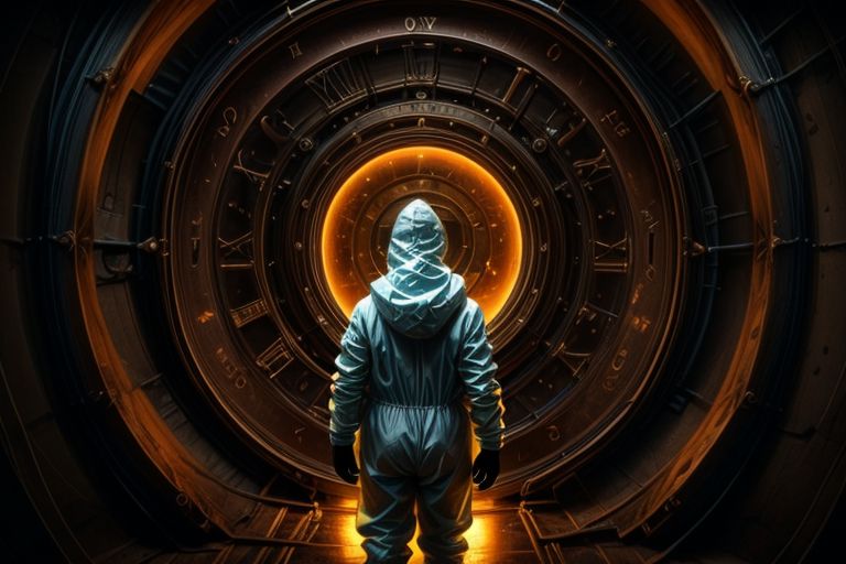 a portal back into 1903, the portal is built in Lawrence Livermore Labs, in a special chamber room monitored by a team of watching scientists.  A man in a hazmat suit approaches the surface of the time portal, where he can see the streets of New York circa 1903, amazing, captivating and amazing moment, 
highly detailed,