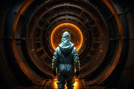 a portal back into 1903, the portal is built in Lawrence Livermore Labs, in a special chamber room monitored by a team of watching scientists. A man in a hazmat suit approaches the surface of the time portal, where he can see the streets of New York circa 1903, amazing, captivating and amazing moment,
highly detailed,