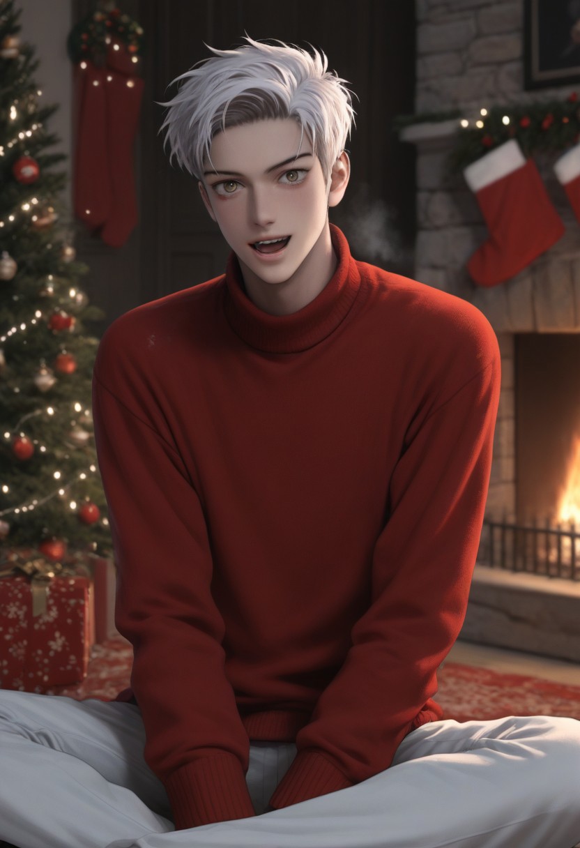 score_9, score_8_up, score_7_up, anime, 19 year old , ((rating PG, 1boy, solo, fullcolor)), male focus, slim toned male, 1boy, asahikawa_(KNG), solo, male focus, toned male, slim male, white hair, short hair, slim face, tall, manly, short hair, pale skin, brown eyes, slim face, blond, toned, broad shoulders, masculine jawline, slender, ripped, athletic, solo)), ((sitting, close up, christmas background, snow, decorations, fireplace, in living room,sweater)), white hair, Macro detailed realism style photograph, soft lighting, 1man, restraining viewer, chest close to viewer, open mouth, happy, heavy breathing, soft bright lighting, front view, chest view, role as top, masculine