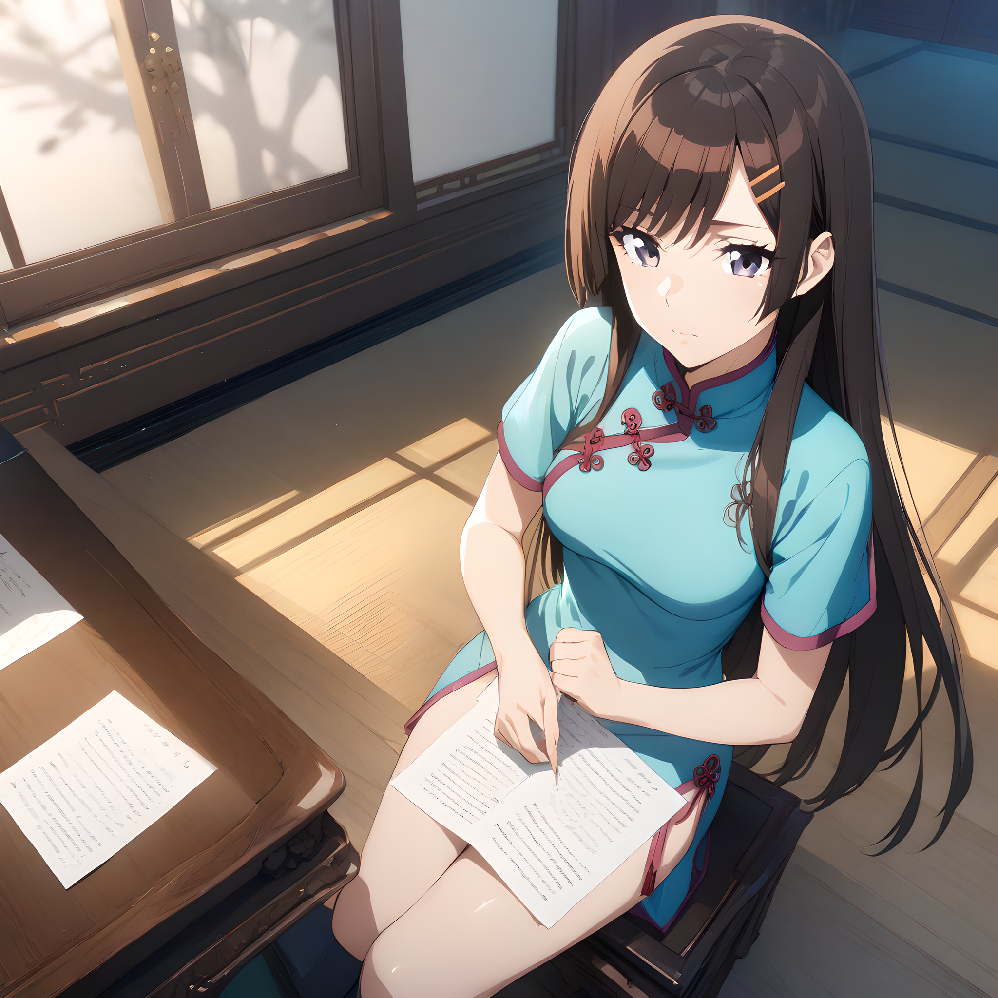 (masterpiece),(best quality),(ultra-detailed),(best illustration),(best shadow),(absurdres),(detailed background),(very aesthetic),otonashi_hibiki, 1girl, solo, long hair, hair ornament, brown hair, hairclip, chinese clothes, purple eyes, indoors, short sleeves, sitting, paper<lora:XL-OtonashiHibiki:1>