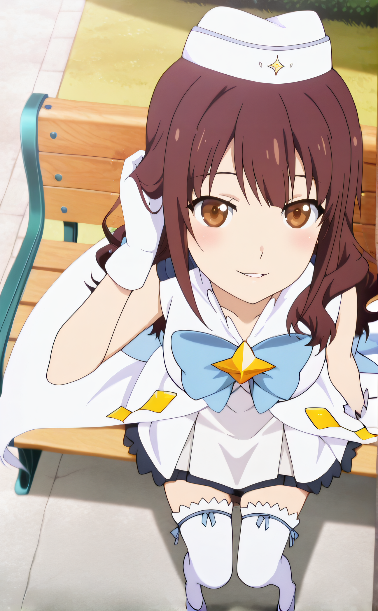 masterpiece, best quality, highres, newest, 1girl, solo, official style, anime screencap, <lora:Magical_Girl_Outfit:0.9>, houkagogirl, magical girl, blue bow, white hat, white gloves, white thighhighs, looking at viewer, smile, outdoor,full body, sitting on bench, <lora:IL_Oikawa_Nazuna:1>, nazuna, brown hair, brown eyes, long hair, blush, from above, medium breasts, parted lips, hand on hair