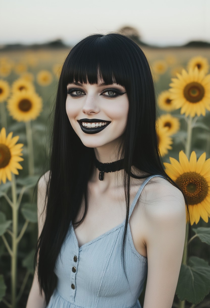 FictionalCrystal, a goth girl with heavy black eye makeup and black lipstick. In a cute pastel blue sundress in a field of sunflowers, happy