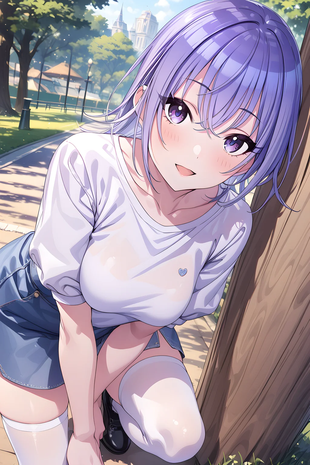 (masterpiece),(best quality),(ultra-detailed),(best illustration),(best shadow),(absurdres),(detailed background),(very aesthetic), 1girl, solo, hana suzuki, casualoutfit, upper body,park background, seductive smile, open mouth, blush, medium breasts, portrait, looking at viewer, open mouth, t-shirt, thighhighs, white legwears, black shoes, purple hair, purple eyes, full body, from the front view, leaning on a tree<lora:Hana_Suzukié´æ¨ç¾½é£_-_ã¢ã¤ãã«ãã¹ã¿ã¼_ã·ã£ã¤ãã¼ã«ã©ã¼ãº_SDXL_Animagine_XL_3.1:1>