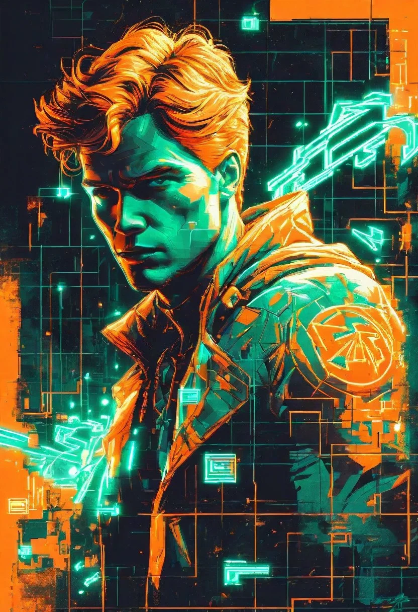 action comics anti-heroine. Neon Graffiti, Pixel Art, Luminescence, RGB Lighting, Low Angle, Orange Color, Teal Color, Prism Effect, Ceramic, Supernatural, By Garald Brom