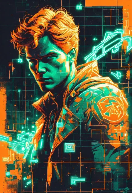 action comics anti-heroine. Neon Graffiti, Pixel Art, Luminescence, RGB Lighting, Low Angle, Orange Color, Teal Color, Prism Effect, Ceramic, Supernatural, By Garald Brom
