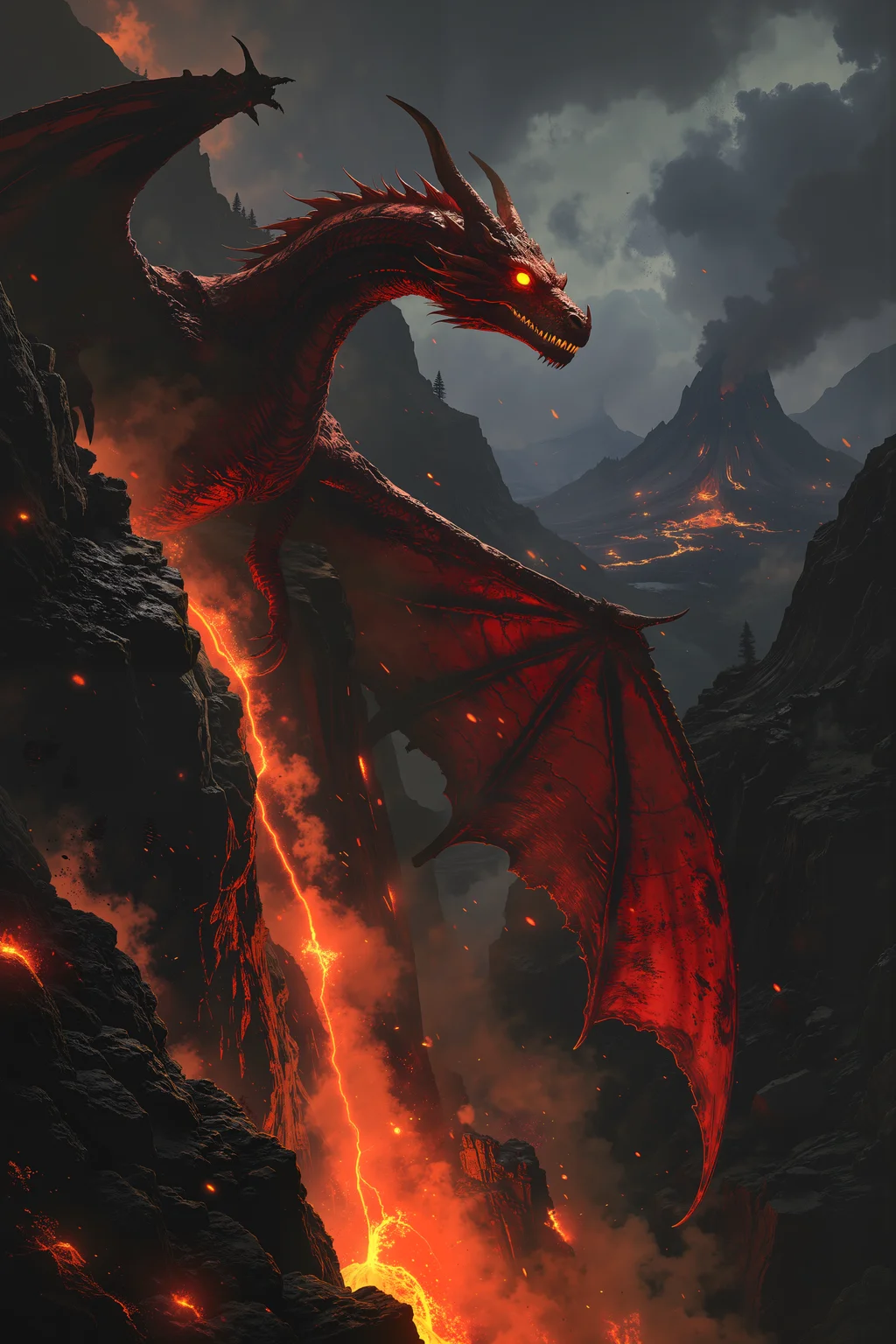 Perched on the edge of a jagged, volcanic cliff, a massive, ruby-scaled dragon with glowing crimson eyes watches the molten lava bubbling far below. The dragonâs wings, large and leathery, are tucked close to its body, their edges lined with glowing veins of molten energy that pulse in time with the flow of lava beneath the earth. Smoke and ash fill the air, carried by the hot winds that rise from the depths of the volcano, and the sky above is dark and heavy with clouds that glow faintly with the light of distant lightning. The dragonâs talons grip the edge of the cliff, causing small rocks and debris to tumble down into the fiery pit below. Its nostrils flare as it inhales the sulfurous air, its eyes narrowing as it surveys the smoldering landscape. Surrounding the dragon, the remnants of ancient lava flows stretch out like veins of fire across the rocky terrain, their surfaces still glowing with the heat of the earthâs core. The air is thick with the scent of burning rock and the distant rumble of volcanic activity, a constant reminder of the raw power lurking just beneath the surface. The scene is one of primal intensity, where the dragonâs presence mirrors the fiery chaos of the volcanic world it inhabits. , detailed background Fantastic lighting. Detailed shadows.intricate details, vivid colors, hyper-detailed, ultra-sharp, , <lora:Luminous_Shadowscape-000016:0.4><lora:black_fantasy_1.0:0.4><lora:Glitchcore_Flux:0.4><lora:- Flux1 - vanta_black_V2.0:0.4>