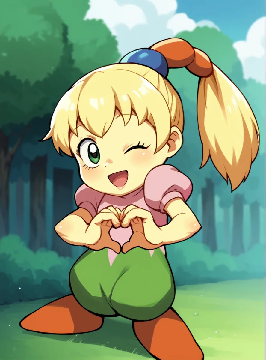 score_9, score_8_up, score_7_up, score_6_up, score_5_up, score_4_up , source_anime, anime screencap, anime coloring, strong_anime_lines, <lora:Tiff:0.8>fumukirbo, blonde hair, solo, green eyes, smile, ponytail, long hair, hair ornament, puffy sleeves, colored skin heart hands, wink, outdoors, open mouth,