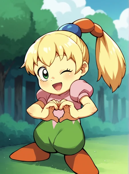 score_9, score_8_up, score_7_up, score_6_up, score_5_up, score_4_up , source_anime, anime screencap, anime coloring,   strong_anime_lines,    <lora:Tiff:0.8>fumukirbo, blonde hair, solo, green eyes, smile, ponytail, long hair, hair ornament, puffy sleeves, colored skin heart hands, wink, outdoors, open mouth,