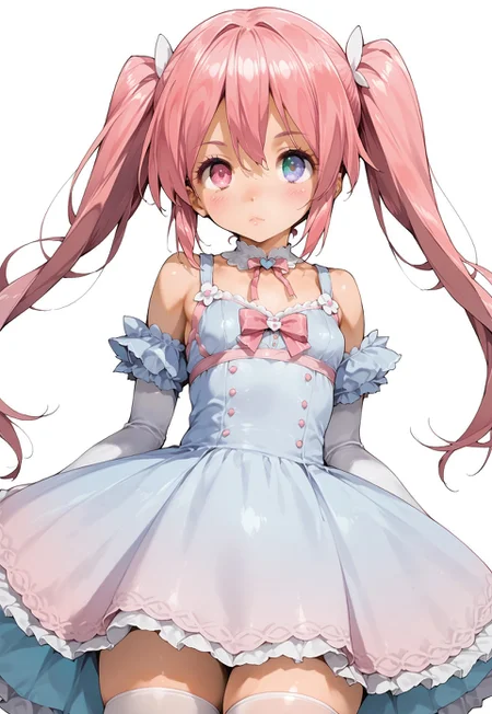 score_9, score_7_up, source_anime, woman, light pink hair, twintails, hair between eyes, sidelocks, heterochromia, blue and pink eyes, thick eyelashes, small breasts. white thighhighs, elbow gloves, dress,  pastel colors
