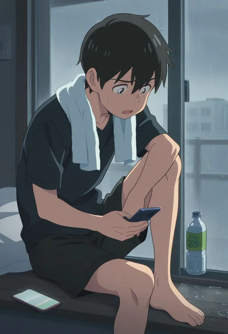 masterpiece,best quality,amazing quality, source_anime,
HodakaMorishima, 1boy, male focus, phone, solo, shorts, sitting, towel, barefoot, cellphone, black hair, towel around neck, indoors, open mouth, rain, window, holding, smartphone, bottle, shirt, black shorts, hair between eyes, knee up,