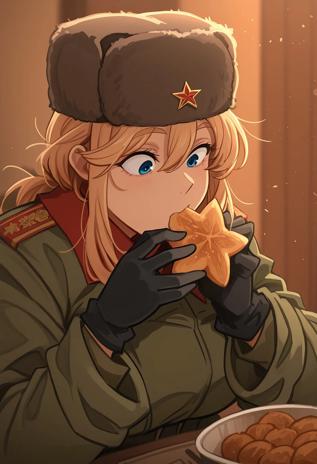 mature female, 1girl, black gloves, blonde hair, blue eyes, coat, eating, field_ration, fur hat, gloves, green coat, hat, military, military uniform, red_\star\, solo, soviet, Soviet army, \star\ (symbol), ushanka, light particles, detailed lighting, blurry background, depth of field, masterpiece, best quality, amazing quality, very aesthetic, absurdres, highres, newest, latest, khly2, <lora:cabe3100-c5ea-457b-a462-163ce9dc1d35:0.9>