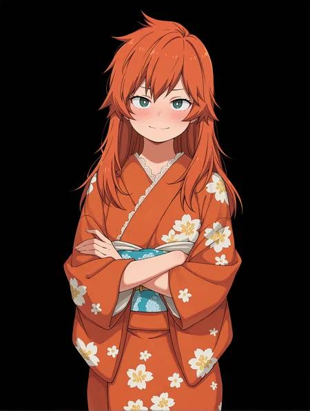 <lora:Kendo Illu:1>
1girl, solo,
kend0, long hair, orange hair, green eyes, hair down,
kimono, floral print, detailed sash, lace trim,
closed smile, blush,
cowboy shot, looking at viewer,
crossed arms, frown,, masterpiece, best quality, amazing quality,, simple background, black background