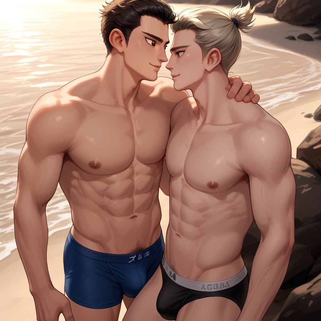score_9, score_8_up, score_7_up, 2boys, couple, gay couple, young men, BREAK  AoBingDe, white blonde hair, hair slicked back,  brown eyes, light pale skin, BREAK LiYunxiang, asian boy, black hair, ponytail, brown eyes, raise eyebrows,  BREAK 2 boys loving each other, soft smile, dynamic angle, looking at each other, hearts floating, abs, pecs, nipples, v-line, underwear, bulge, pubic hair, relaxed and carefree vibe, outdoors, beach, sunlight, high quality, hd render,