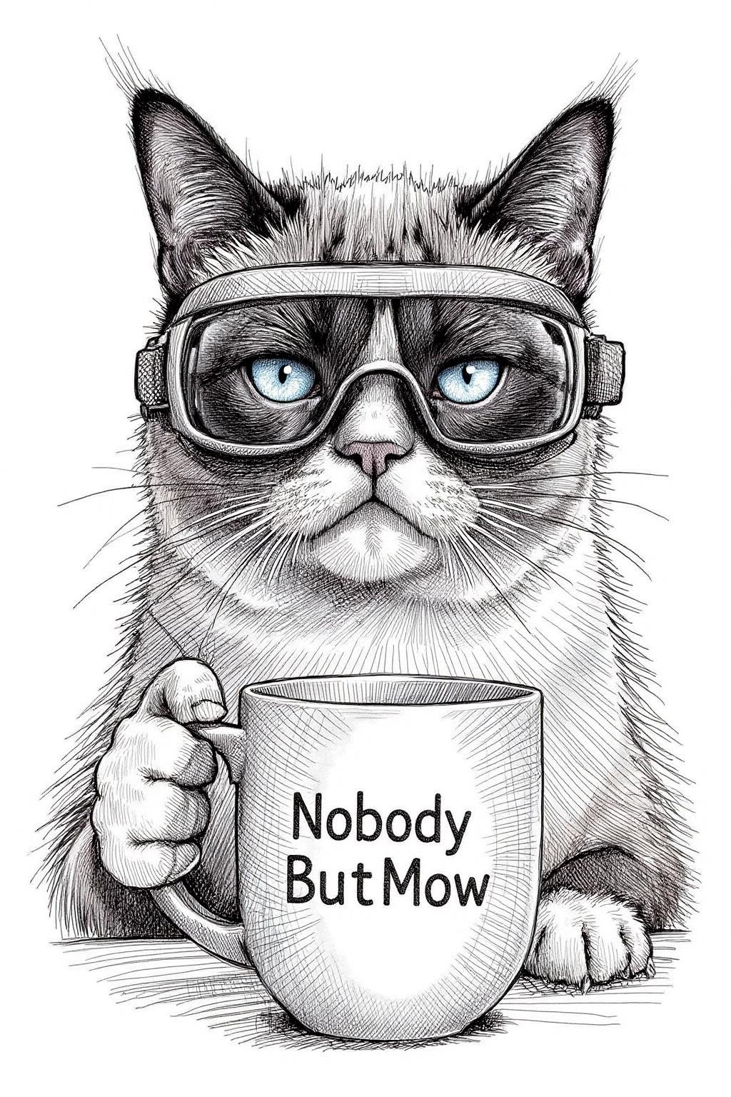 crosshatch black and white drawing of Grumpy Cat holding a coffee mug, wearing a VR Headset. The mug has the phrase "NobodyButMeow" printed <lora:crosshatch1_nocap_d6a3:1.0><lora:807692171076485011:0>