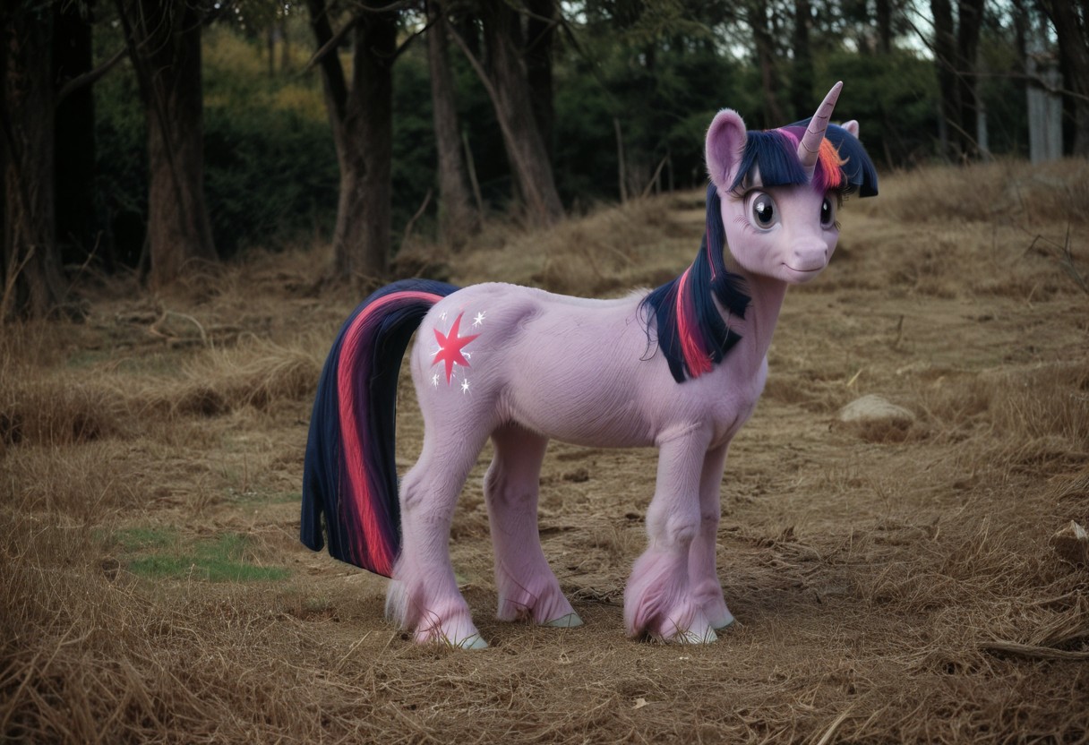 score_9, score_8_up, score_7_up, score_6_up, score_5_up, score_4_up, Realistic, solo, slender, slim, twilight sparkle, no humans, horn, unicorn, horse, pony, female, mare, unicorn, calm, unkempt mane, rear view, looking back, looking over shoulder, smirk, (fur:0.9), big eyes, realistic, photo, detailed, beautiful, small eyes, realistic eyes