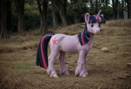 score_9, score_8_up, score_7_up, score_6_up, score_5_up, score_4_up, Realistic, solo, slender, slim, twilight sparkle, no humans, horn, unicorn, horse, pony, female, mare, unicorn, calm, unkempt mane, rear view, looking back, looking over shoulder, smirk, (fur:0.9), big eyes, realistic, photo, detailed, beautiful, small eyes, realistic eyes