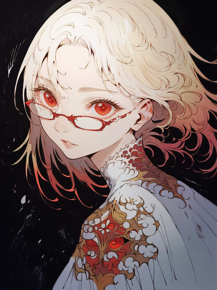 score_9, score_8_up, score_7_up, score_6_up, score_5_up,    <lora:MONXLP:1> mon, 1girl, red eyes, crack, black background, solo, looking at viewer, upper body, glasses, long hair, parted lips, white hair, blonde hair, from side, medium hair