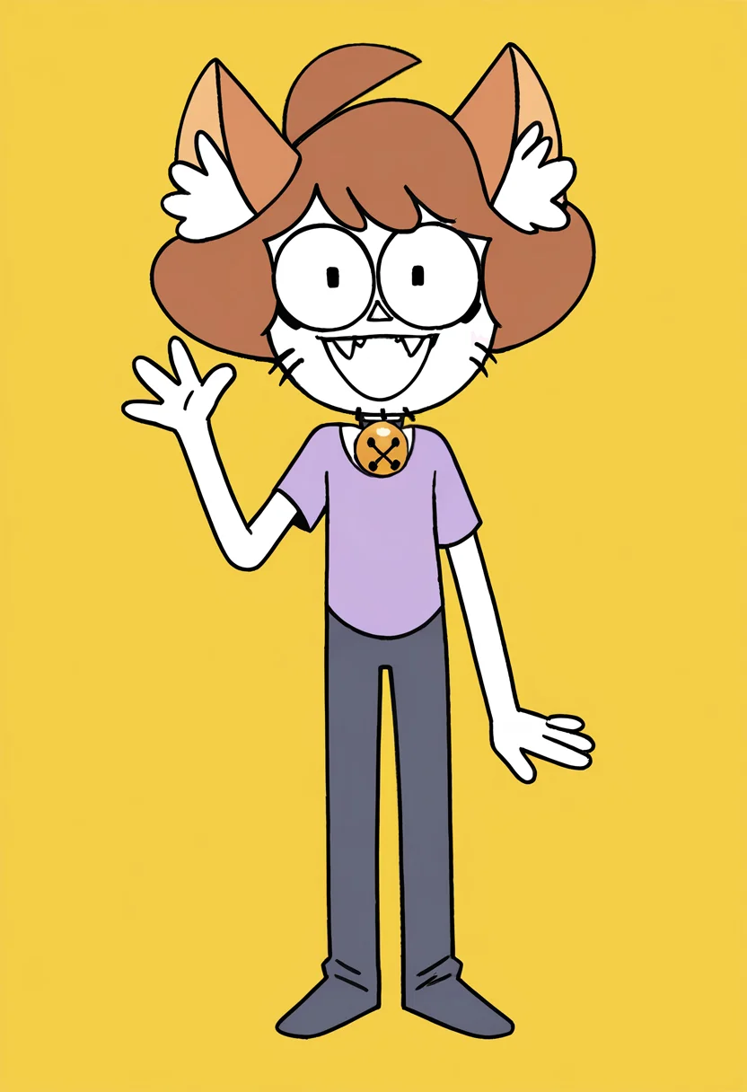 <lora:CatboyShenv1.0:0.8> easynegative, score_9, score_8_up, score_7_up, source_cartoon, catboy_shen, 1boy, solo, cat humanoid, white skin, brown hair, cat ears, inner ear fluff, triangle nose, whiskers, facial hair, belt collar, purple shirt, short sleeves, grey purple pants BREAK no eyebrows, looking at viewer, open smile, :3, cute fangs BREAK full body, standing, waving, arm down BREAK flat colors, yellow background, best quality