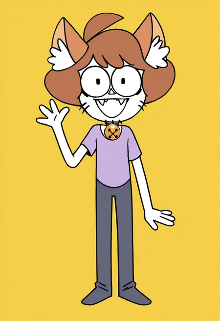 <lora:CatboyShenv1.0:0.8> easynegative, score_9, score_8_up, score_7_up, source_cartoon, catboy_shen, 1boy, solo, cat humanoid, white skin, brown hair, cat ears, inner ear fluff, triangle nose, whiskers, facial hair, belt collar, purple shirt, short sleeves, grey purple pants BREAK no eyebrows, looking at viewer, open smile, :3, cute fangs BREAK full body, standing, waving, arm down BREAK flat colors, yellow background, best quality