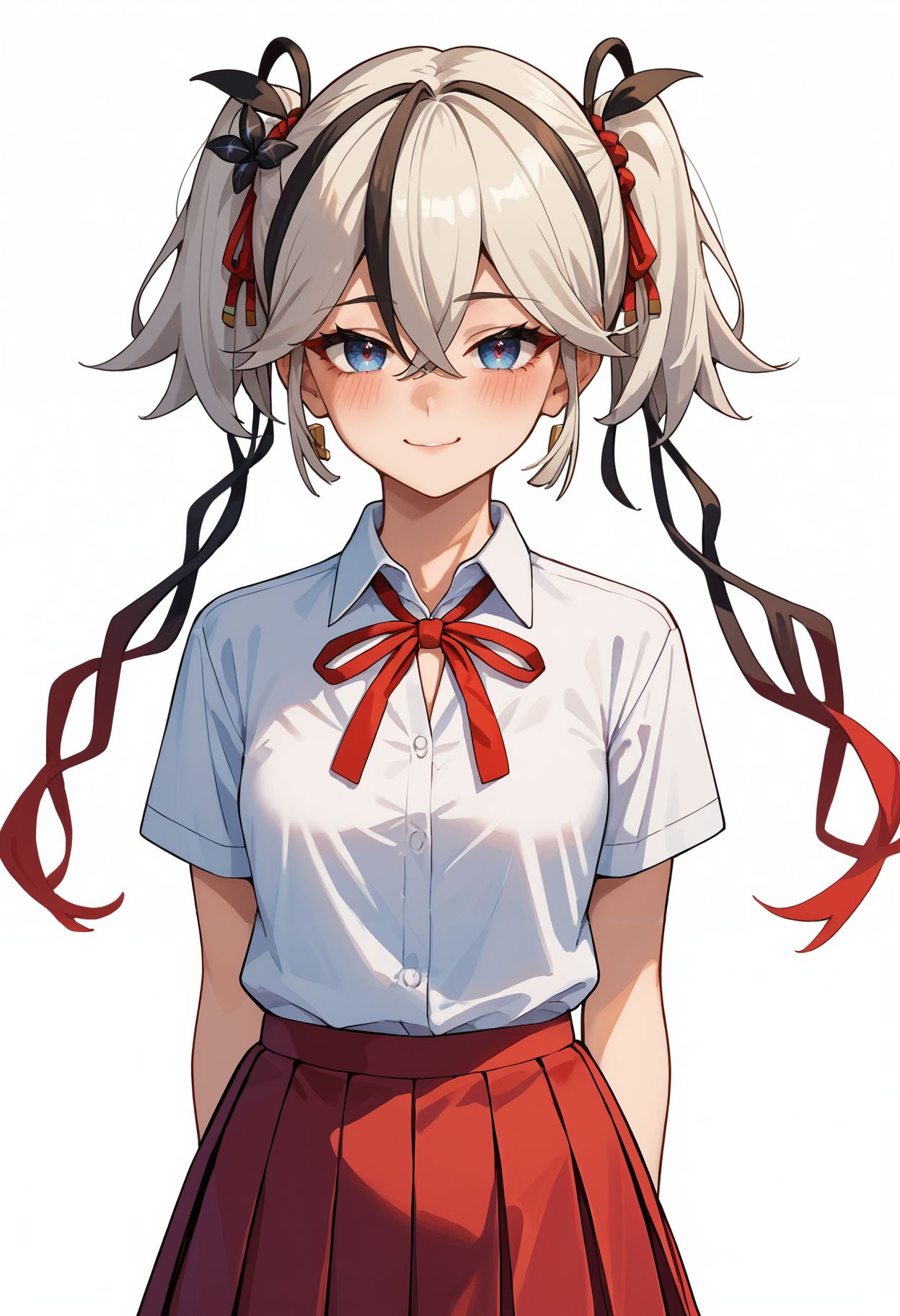 score_9, score_8_up, score_7_up, score_6_up,<lora:camellya_wuwa_pdxl_goofy:1>camellya, 1girl, white shirt, red skirt, red ribbon, multicolored hair, twintails, jewelry, looking at viewer, red nails, pleated skirt, short sleeves,ring, neck ribbon, collared shirt, white background, school uniform, blush, simple background, streaked hair, hair ornament, small breasts, hair between eyes, , smile, arms behind back