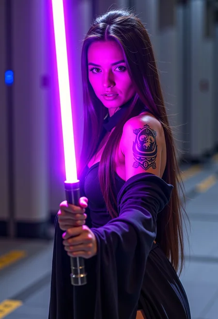 realistic, PHOTOREALISTIC, perfect anatomy, futuristic warrior wielding purple lightsaber, sexy dynamic pose, 25 years old, perfect quality, high quality,sci-fi, star wars, jedi knight, empress, married, Jaina solo, big brown eyes, dark brown hair, long straight intricate hair, athletic female, fitness models, muscle detail, detailed muscle, long athletic muscular legs, athletic round muscular butt, athletic hips, perfect breasts, perfect body, epic, long hair, intricate hairstyle, cute, soft abs, athletic waist, slender body, dynamic angle, dynamic, dynamic shot, sci-fi, futuristic, intricate transparent flowing sheer jedi robes showing sexy body underneath, armor parts on body, marble armor, greave, boots, glowing Kintsugi tattoos on body, Expressiveh, volumetric lighting, cinematic, cinematic lighting, reflections, ultra hd, visual effects, graphic effects, ambient occlusion, raytracing, soft lighting, realistic, blum effect, masterpiece, absolutely eye-catching, particles, glow, shining, intricate cinematic background, on space station, outer space in background, leaping into the air towards unseen sith lord swinging lightsaber at them, dimly lit room, perfect reflections, lots of shadows, Ultra realism, realistic skin with natural imperfections, high-resolution skin pores, seducing viewer, god rays, beautiful cute face, Perfect hand, Detailed hand, detailed skin texture style