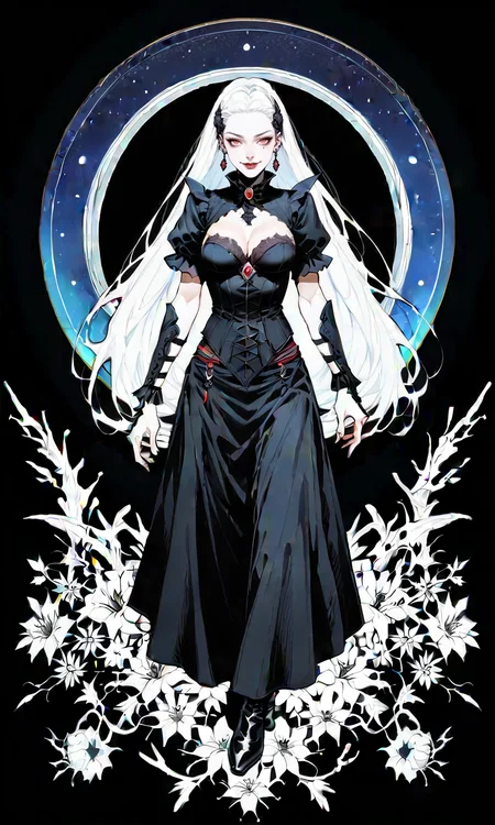 score_9, score_8_up, score_7_up,
steampunk, witch, vampire, undead, full body, solo, 1girl, pale skin, red eyes, long hair, white silver hair, lust grin, a dark cosmic hero female, a cosmic cloak,
a Background of various beautiful flower fields, cosmic night,
<lora:add-detail-xl:0.8>, <lora:Expressive_H:0.8> Expressiveh, <lora:GRIM_v1:0.8>, <lora:g4n1m3XLP:0.5> g4n1m3