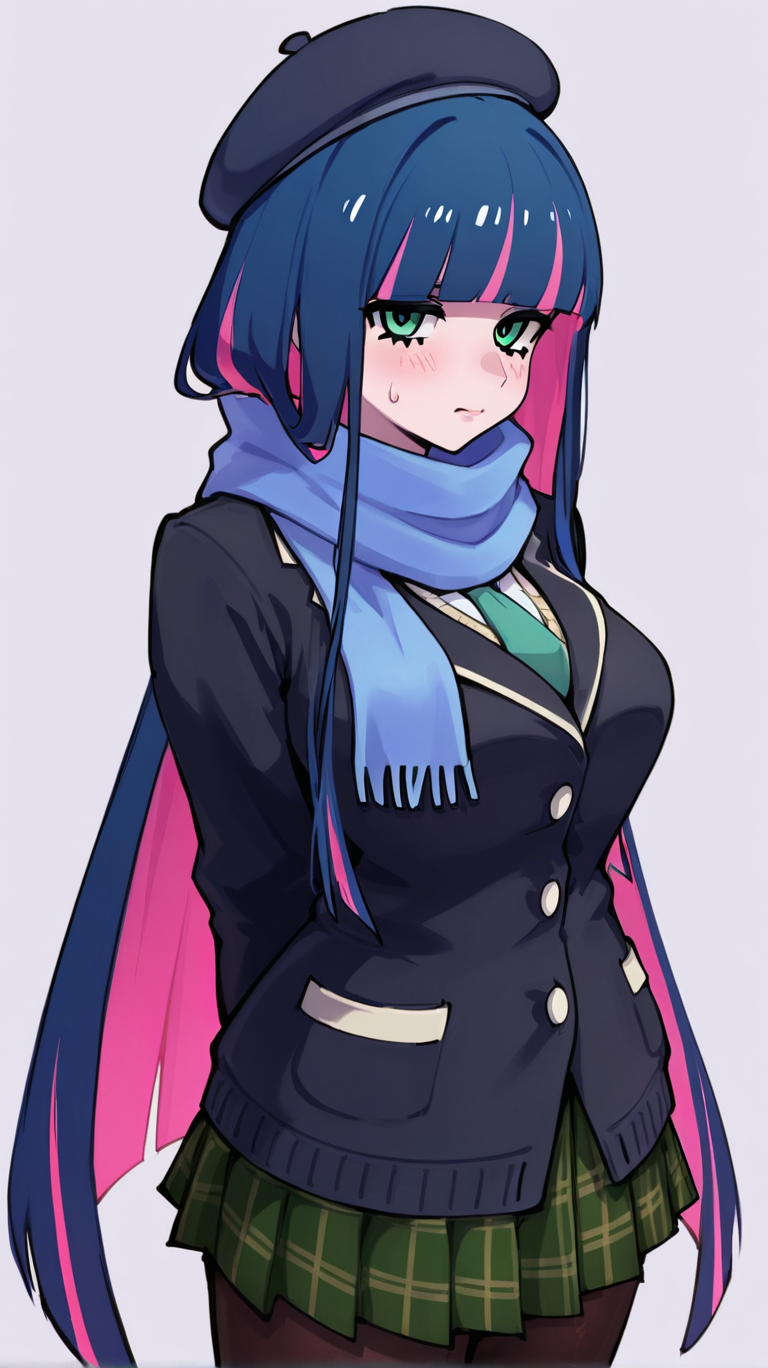 stocking_\(psg\), 1girl, solo, long_hair, breasts, looking_at_viewer, blush, bangs, skirt, simple_background, hat, white_background, closed_mouth, school_uniform, blue_hair, jacket, pink_hair, purple_hair, pantyhose, multicolored_hair, cowboy_shot, pleated_skirt, necktie, blunt_bangs, scarf, sweatdrop, two-tone_hair, aqua_eyes, black_jacket, plaid, black_pantyhose, beret, plaid_skirt, arms_behind_back, blazer, cardigan, green_skirt, colored_inner_hair, blue_scarf, enpera