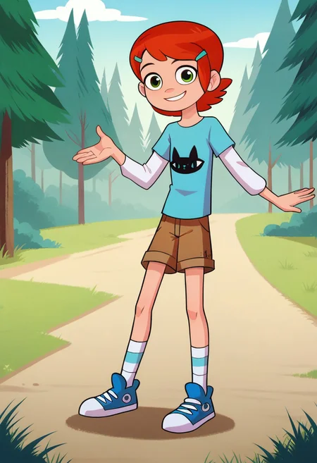 score_9, 1girl, solo, gwen (reboot), red hair, hairclip, green eyes, blue shirt, short over long sleeves, white sleeves, brown shorts, white socks, striped socks, blue sneakers, smile, looking at viewer, outdoors, forest