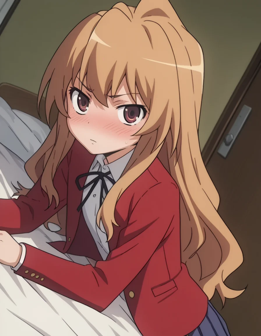 score_9, score_8_up, score_7_up, source_anime,
taigaaisaka, <lora:taiga-aisaka-s1-ponyxl-lora-nochekaiser:1>,
taiga aisaka, long hair, brown hair, brown eyes,
school uniform, oohashi high school uniform, jacket, red jacket, long sleeves, shirt, white shirt, collared shirt, ribbon, skirt, pleated skirt,
indoors, bed, bed room, on side, blush, drunk,
looking at viewer, solo, cowboy shot, dutch angle,