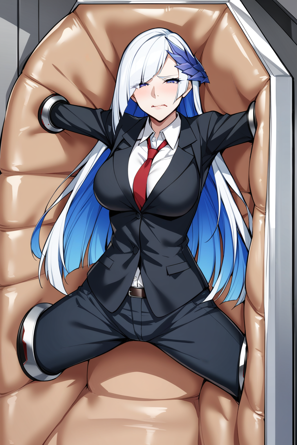 masterpiece, best quality, 1girl, solo, brynhildr \(fate\), fate/grand order, machinery stationary restraints, restrained arms, restrained legs, spread arms, wide spread legs, air mattress locker, business suit, pants, wing collar, looking at viewer, biting own lip, furrowed brow, angry, grey hair, colored inner hair, very long hair, aged up, nose, lips, <lora:stationaryrestraint-anxl31-000076:0.8>,