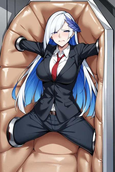 masterpiece, best quality, 1girl, solo, brynhildr \(fate\), fate/grand order, machinery stationary restraints, restrained arms, restrained legs, spread arms, wide spread legs, air mattress locker, business suit, pants, wing collar, looking at viewer, biting own lip, furrowed brow, angry, grey hair, colored inner hair, very long hair, aged up, nose, lips, <lora:stationaryrestraint-anxl31-000076:0.8>,
