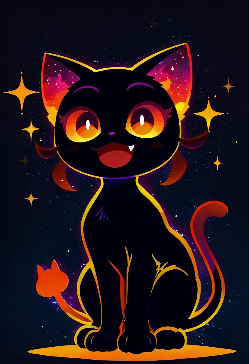 masterpiece, best quality, simple illustration, 1cat, silhouette, full body, solo, dark background, sparkles, vivid colors, vertical pupils, fang, tail ,happy, imp4ct_style, cute_style01f1, no_outlines,no lineart, t4kar4i_illu, inner_galaxy