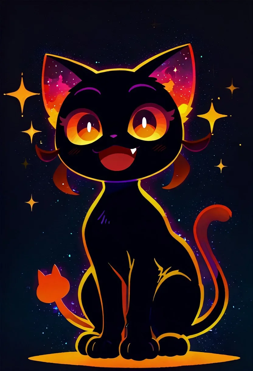 masterpiece, best quality, simple illustration, 1cat, silhouette, full body, solo, dark background, sparkles, vivid colors, vertical pupils, fang, tail ,happy, imp4ct_style, cute_style01f1, no_outlines,no lineart, t4kar4i_illu, inner_galaxy