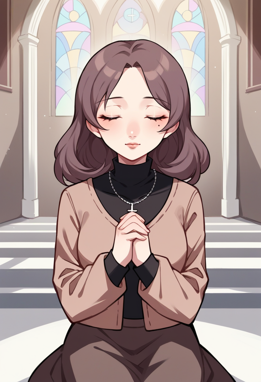 score_9, score_8_up, score_7_up, source_anime BREAK 1girl, solo,
 <lora:zs_SaoriXL:1> saorirnd, brown hair, medium hair, mole under eye, purple eyes, makeup, brown cardigan, black turtleneck, brown skirt, necklace
church, sitting, praying, eyes closed, pensive