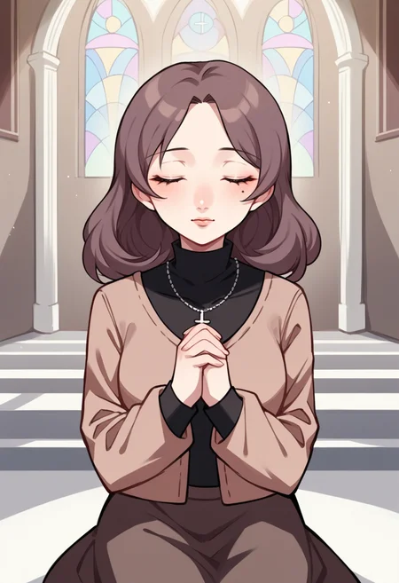 score_9, score_8_up, score_7_up, source_anime BREAK 1girl, solo,
<lora:zs_SaoriXL:1> saorirnd, brown hair, medium hair, mole under eye, purple eyes, makeup, brown cardigan, black turtleneck, brown skirt, necklace
church, sitting, praying, eyes closed, pensive