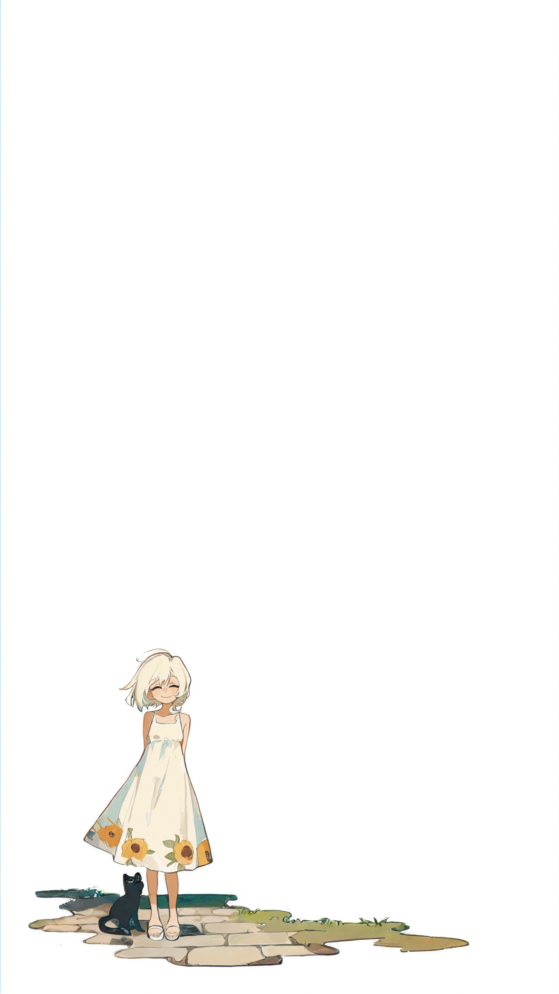 masterpiece, newest,absurdres,incredibly absurdres, best quality, amazing quality, very aesthetic, (simple white background:1.3), 
1 girl, happy, sundress, sunflower print, cobblestone, black cat, cobblestone, alley, skyline,
  <lora:ka_marukogedago:1> k4_illu,  <lora:Neg4tive_sp4ce:1>