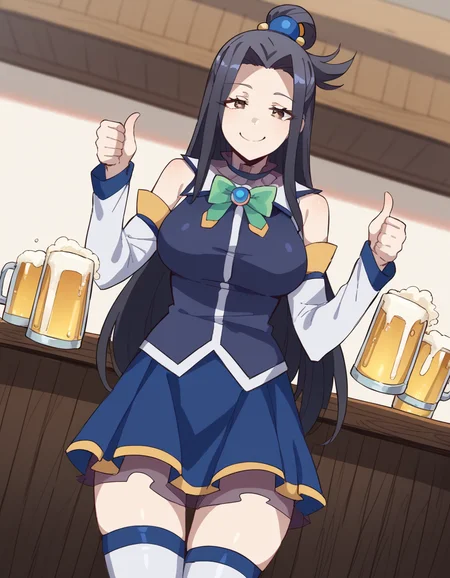 score_9, score_8_up, score_7_up, source_anime, <lora:kuroko-smith-s1-ponyxl-lora-nochekaiser:1>, kuroko smith, long hair, black hair, parted bangs, brown eyes, large breasts,, <lora:aqua-cosplay-ponyxl-lora-nochekaiser:1>, aqua cosplay, aqua (konosuba) (cosplay), skirt, shirt, thighhighs, bare shoulders, detached sleeves, white thighhighs, blue skirt, blue shirt, green bow,, bar, beer, beer mug, thumbs up, smile, smug, holding beer mug,,, , dutch angle,