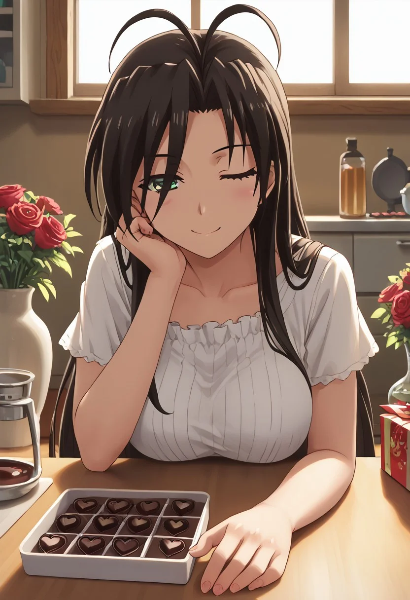 masterpiece, high quality, best quality, score_9. Chisato Hasegawa, looking at viewer, across from table, head resting on hand, elbow on table, winking, smiling, half-closed eyes, POV, kitchen, table, heart shaped chocolate box, vase with roses, daytime, windows, sunlight