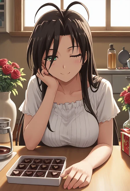 masterpiece, high quality, best quality, score_9. Chisato Hasegawa, looking at viewer, across from table, head resting on hand, elbow on table, winking, smiling, half-closed eyes, POV, kitchen, table, heart shaped chocolate box, vase with roses, daytime, windows, sunlight