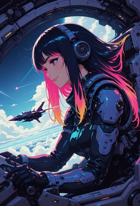 <lora:ck-nc-cyberpunk-IL-000011:0.3>,  masterpiece, best quality, good quality, very aesthetic, absurdres, newest, 8K, depth of field, focused subject, epic, from side, science-fiction, 1girl, sci-fi,  fyling, inside cockpit, spaceship, above clouds, smile, neon hair, long hair, dynamic angle, in the style of cknc, in the style of ck-rw
<lora:MoriiMee_Gothic_Niji_Style_Illustrious_r1:0.5>
 <lora:ck-neon-retrowave-IL:0.8>
 <lora:ck-shadow-circuit-IL:0.6>