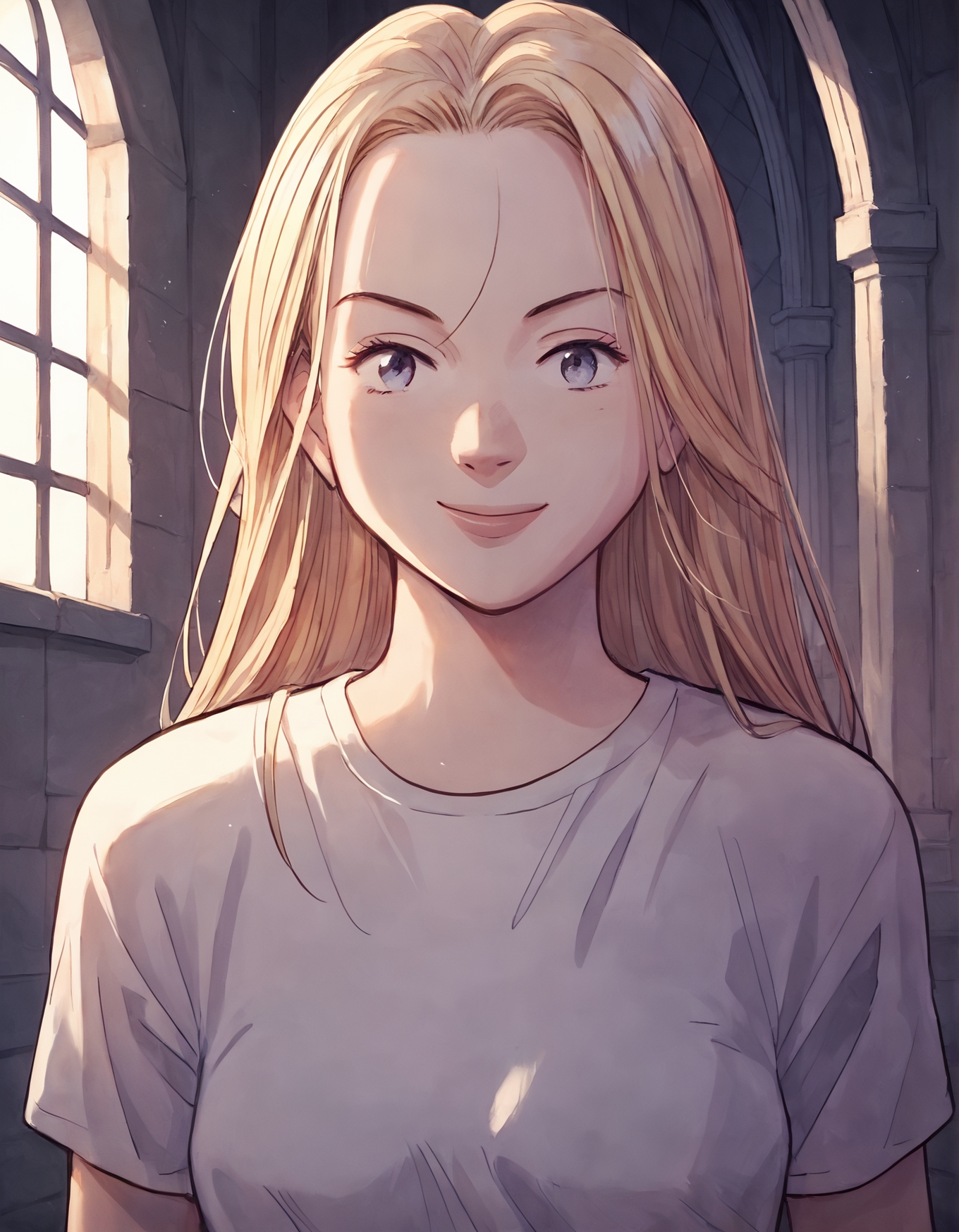 score_9, score_8_up, score_7_up,score_6_up,high resolution,n4a0kistyle,1girl,castle,blonde hair,long hair,shirt,volumetric lighting,rim lighting,dof,dramatic shadow,looking at viewer,upper body,dynamic pose,looking at viewer,pov,front view,smile