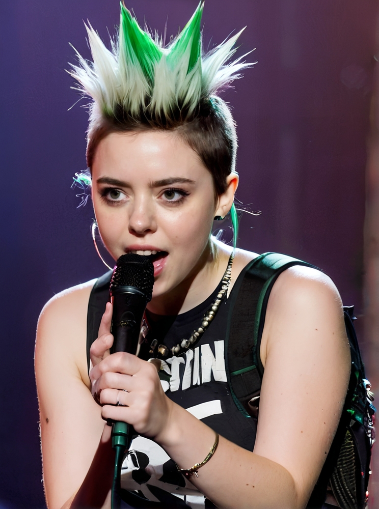 Photo of Erika Etta, girl at a punk rock concert screaming on stage, holding a microphone, white and green hair in a mohawk, rings, bandit mask, nasal piercing, (detailed beautiful face, detailed, ultra-detailed body:1.1),best quality,photo-realistic,highly detailed,absurdres,cinematic lighting,hyper-realistic,sharp focus,32k resolution,detailxl,SimplePositiveXLv2, <lora:PerfectEyesXL:0.5>